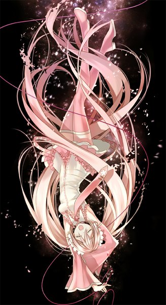 Anime picture 601x1100 with vocaloid hatsune miku sakura miku hoshii hisa single tall image blush open mouth simple background twintails pink hair eyes closed nail polish zettai ryouiki cherry blossoms black background upside down girl thighhighs skirt