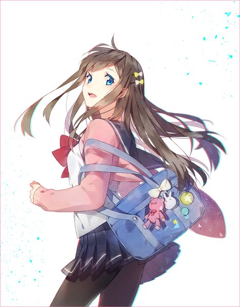 Anime picture 861x1100 with original hakusai (tiahszld) single long hair tall image blush fringe open mouth blue eyes brown hair white background payot looking away ahoge head tilt pleated skirt looking back blurry open clothes shadow