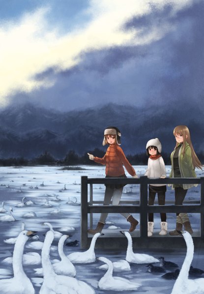 Anime picture 900x1300 with original akatsuki miho fukube tamaki oribe shiori kouno hikaru long hair tall image short hair black hair brown hair multiple girls brown eyes sky cloud (clouds) mountain lake girl animal glasses jacket