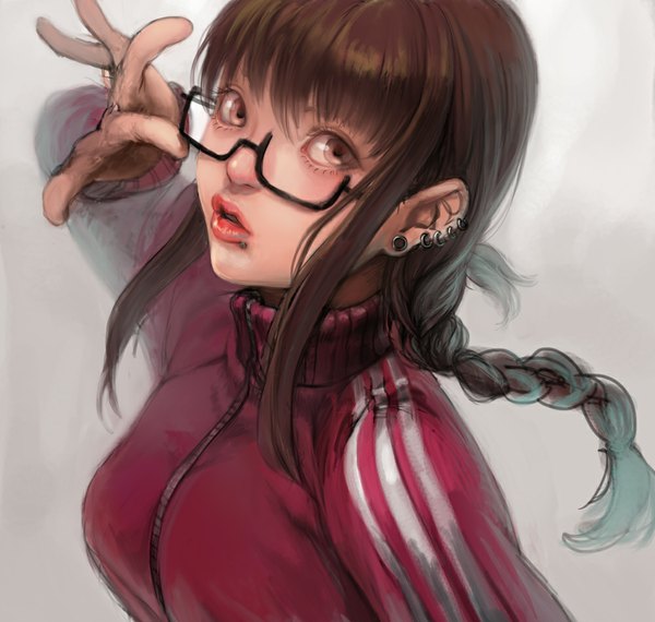 Anime picture 1000x950 with original mecchori single long hair open mouth simple background brown hair brown eyes lips piercing single braid ear piercing lip piercing girl earrings glasses track jacket