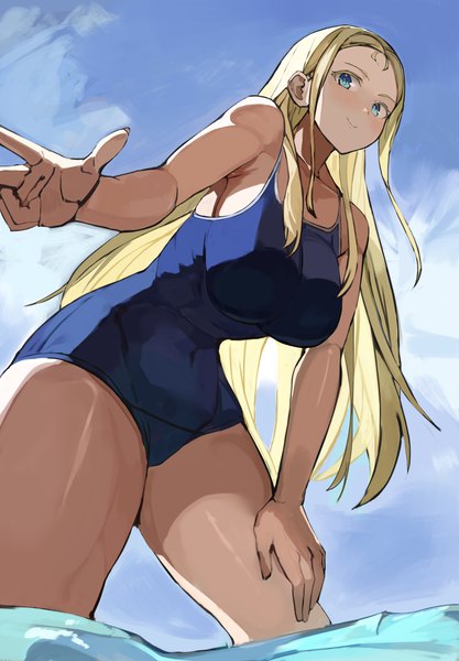 Anime picture 5624x8096 with summertime render kofune ushio mizuiro sanshou single long hair tall image looking at viewer blush highres breasts blue eyes light erotic blonde hair smile large breasts absurdres sky cloud (clouds) from below leaning