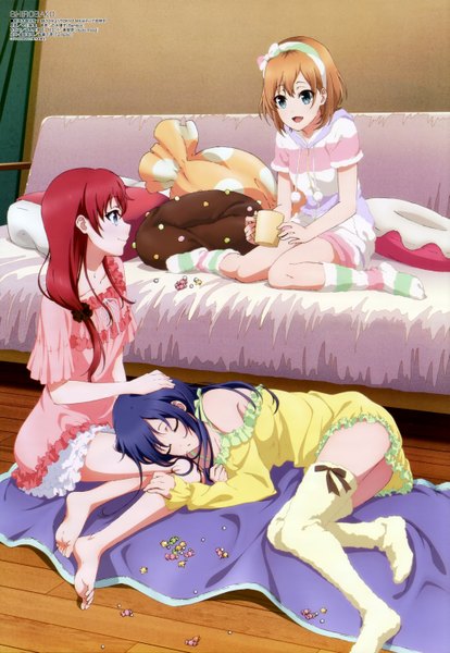 Anime picture 4089x5926 with shirobako megami magazine p.a. works miyamori aoi imai midori sakaki shizuka long hair tall image highres short hair blue eyes brown hair multiple girls blue hair absurdres red hair official art girl thighhighs white thighhighs