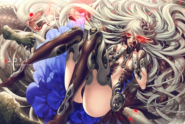 Anime picture 1020x688 with original senchat single long hair open mouth light erotic red eyes bare shoulders animal ears lying very long hair from above grey hair inscription teeth fang (fangs) tears glowing glowing eye (eyes) crying