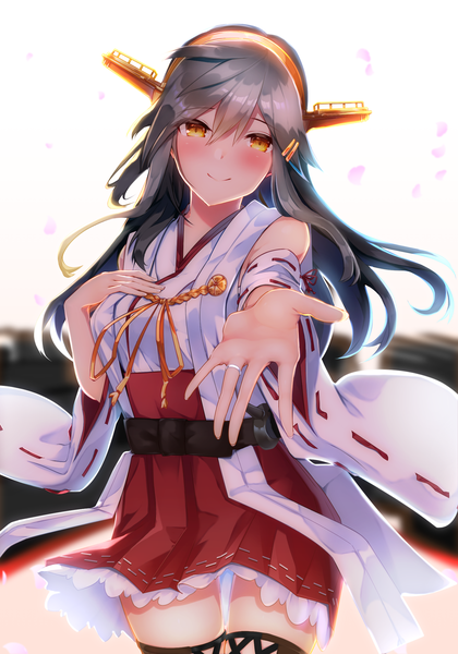 Anime-Bild 1517x2167 mit kantai collection haruna battleship tsukui kachou single long hair tall image looking at viewer blush fringe black hair simple background smile hair between eyes traditional clothes head tilt japanese clothes wide sleeves zettai ryouiki gradient background hand on chest
