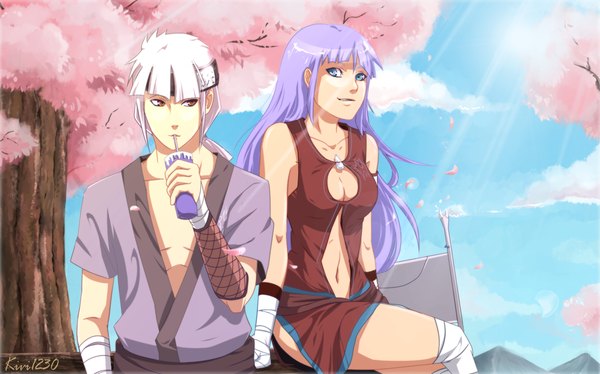 Anime picture 1784x1113 with naruto studio pierrot naruto (series) tagme (character) kivi1230 long hair highres blue eyes light erotic smile wide image brown eyes sky purple hair cloud (clouds) white hair japanese clothes sunlight coloring cherry blossoms