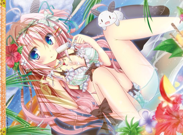 Anime picture 2590x1920 with original kasutera miruku single long hair looking at viewer blush fringe highres breasts blue eyes light erotic hair between eyes sitting bare shoulders pink hair sky cleavage cloud (clouds) ahoge bent knee (knees)