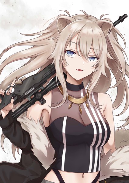 Anime picture 2893x4092 with virtual youtuber hololive shishiro botan shishiro botan (1st costume) maumaou single long hair tall image looking at viewer fringe highres open mouth blue eyes simple background blonde hair hair between eyes standing bare shoulders holding animal ears