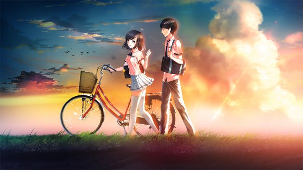 Anime picture 1280x720 with himawari to koi no kioku oginohama akane minamihama yoriko fringe short hair brown hair wide image brown eyes game cg sky cloud (clouds) outdoors pleated skirt evening happy sunset walking talking girl thighhighs