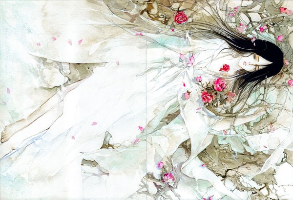Anime picture 2000x1368 with original anemone - eno. color works artbook eno (artist) single long hair highres black hair brown eyes lying scan traditional media watercolor (medium) girl dress flower (flowers) petals water white dress rose (roses)