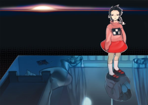 Anime picture 1754x1240 with yume nikki madotsuki nadajima single highres black hair standing twintails reflection different reflection girl skirt bed sweater room