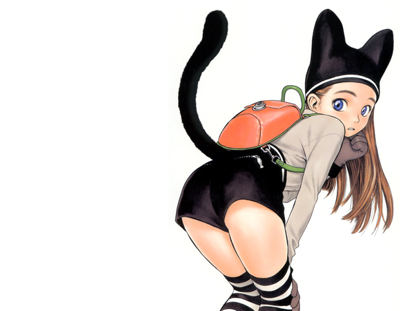 Anime picture 1600x1200 with range murata blue eyes simple background white background animal ears looking back cat girl girl thighhighs gloves shorts striped thighhighs cap backpack