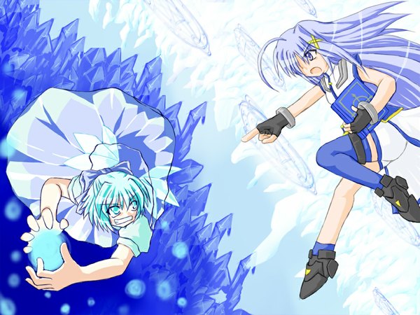 Anime picture 1024x768 with mahou shoujo lyrical nanoha mahou shoujo lyrical nanoha strikers touhou cirno reinforce zwei crossover girl x hair ornament