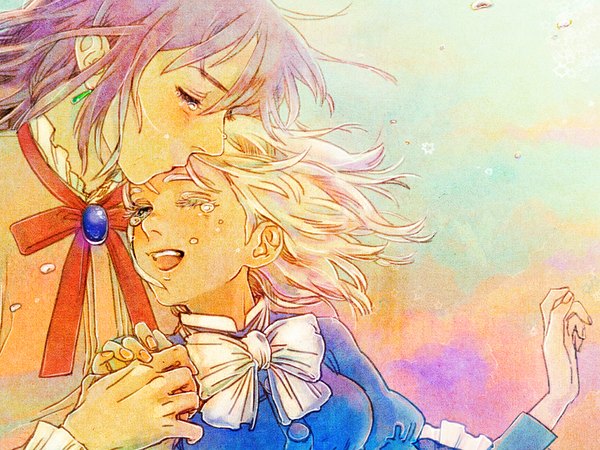 Anime picture 1024x768 with howl's moving castle studio ghibli howl sophie hatter short hair open mouth purple hair white hair eyes closed couple hug holding hands happy face to face kiss girl boy bow ribbon (ribbons) earrings