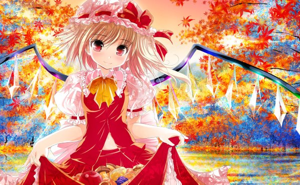Anime picture 1300x805 with touhou flandre scarlet yakumo shibata single short hair blonde hair red eyes wide image autumn girl dress skirt wings leaf (leaves) bonnet skirt set crystal autumn leaves