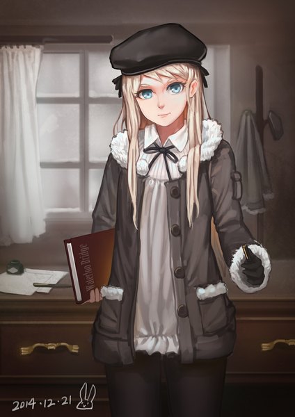 Anime picture 800x1132 with original kirigaku luo single long hair tall image fringe blue eyes blonde hair standing holding light smile open clothes open jacket girl dress gloves hat pantyhose black gloves jacket