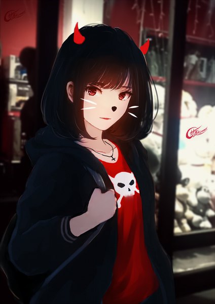 Anime picture 1488x2104 with original shimmer single tall image looking at viewer fringe short hair black hair red eyes signed upper body blunt bangs horn (horns) lipstick red lipstick skull and crossbones skull print girl hood cross