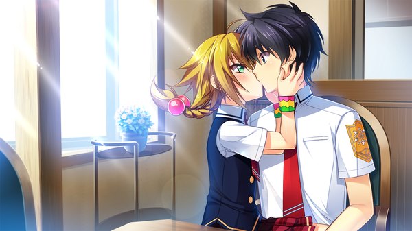 Anime picture 1280x720 with tsuyokiss next long hair blush short hair black hair blonde hair wide image green eyes game cg braid (braids) couple kiss girl boy uniform hair ornament school uniform necktie hair tie hair bobbles