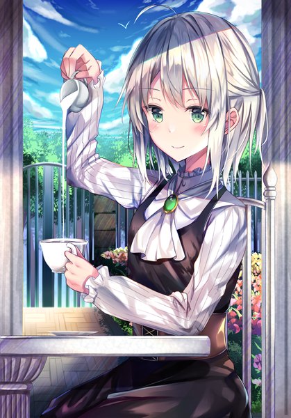 Anime picture 1076x1541 with original tsukasa tsubasa single tall image looking at viewer blush fringe short hair smile sitting holding green eyes sky silver hair cloud (clouds) ahoge outdoors long sleeves striped half updo