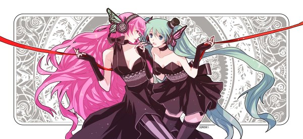 Anime picture 1200x550 with vocaloid magnet (vocaloid) hatsune miku megurine luka chris (pixiv) long hair blue eyes wide image twintails bare shoulders multiple girls pink hair nail polish profile aqua hair girl thighhighs dress gloves ribbon (ribbons)