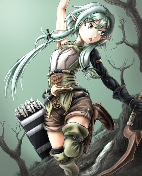 Anime picture 1133x1400 with goblin slayer! high elf archer (goblin slayer!) verure single long hair tall image fringe open mouth hair between eyes standing holding green eyes payot looking away full body bent knee (knees) head tilt arm up green hair pointy ears