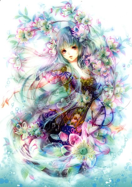 Anime picture 2452x3486 with original tukiji nao (green glass) single long hair tall image looking at viewer highres brown eyes blue hair hair flower alternate costume girl dress hair ornament flower (flowers)