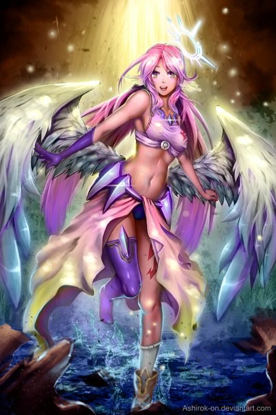 Anime picture 1250x1875 with no game no life madhouse jibril (no game no life) ashirok-on (artist) single tall image breasts open mouth light erotic smile yellow eyes pink hair purple hair very long hair multicolored hair bare belly midriff erect nipples covered nipples gradient hair