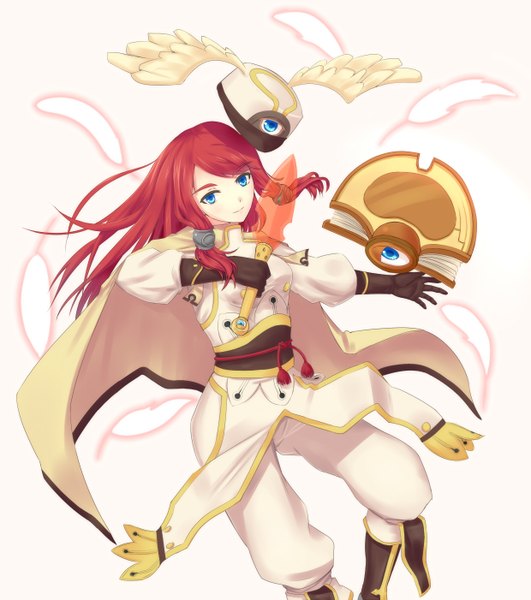Anime picture 1240x1401 with blazblue tsubaki yayoi tagme (artist) single long hair tall image blue eyes simple background white background red hair light smile girl gloves uniform weapon wings feather (feathers) cap