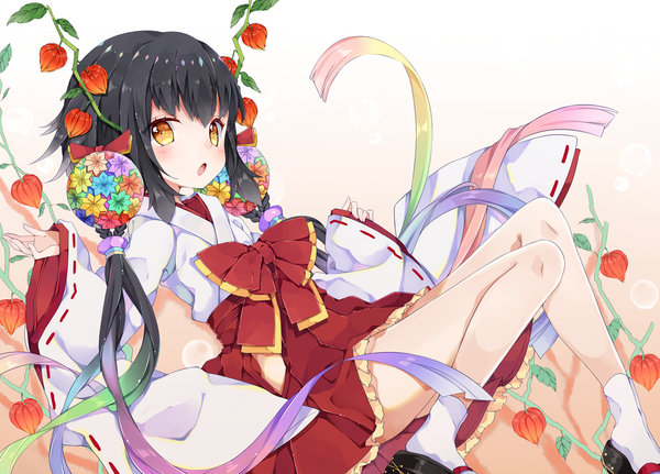 Anime picture 1500x1079 with original chico152 single long hair looking at viewer blush fringe open mouth black hair twintails yellow eyes braid (braids) long sleeves traditional clothes japanese clothes :o low twintails sleeves past wrists reclining miko