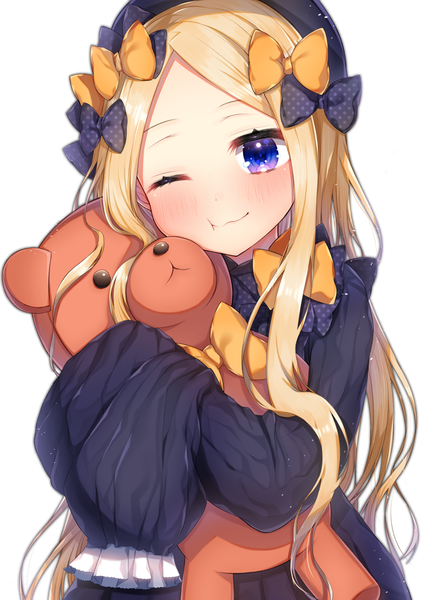Anime picture 1200x1697 with fate (series) fate/grand order abigail williams (fate) akirannu single long hair tall image looking at viewer blush fringe blue eyes simple background blonde hair smile standing white background holding payot head tilt one eye closed