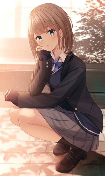 Anime picture 2700x4500 with original senri (senri sen) single tall image looking at viewer blush fringe highres short hair open mouth blue eyes brown hair full body outdoors long sleeves head tilt pleated skirt sunlight :o shadow