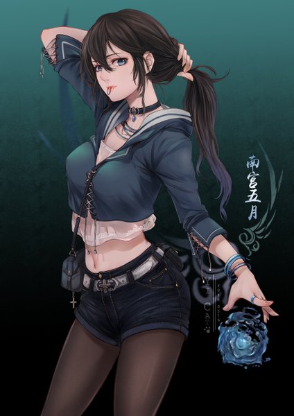 Anime-Bild 3507x4960 mit original yi cat single long hair tall image looking at viewer fringe highres breasts blue eyes black hair simple background hair between eyes standing holding signed absurdres cleavage gradient background mouth hold