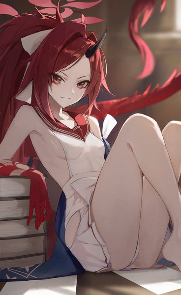 Anime picture 2349x3825 with blue archive renge (blue archive) jiang zhuti jiojio single long hair tall image highres light erotic smile red eyes sitting ponytail red hair indoors tail horn (horns) bare legs pantyshot pantyshot sitting sailor collar