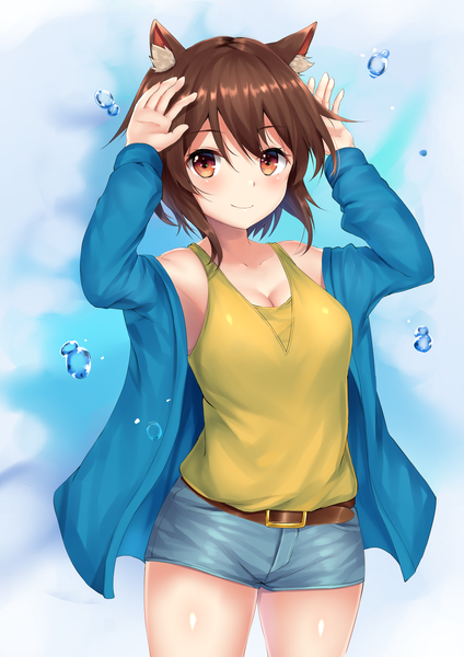 Anime picture 2894x4093 with original suiroh (shideoukami) single tall image looking at viewer fringe highres short hair breasts light erotic smile hair between eyes brown hair large breasts animal ears cleavage long sleeves cat ears off shoulder arms up