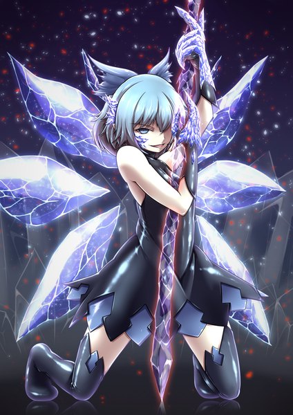 Anime picture 1273x1800 with touhou cirno inyuppo single tall image looking at viewer fringe short hair blue eyes simple background smile hair between eyes holding blue hair full body bent knee (knees) zettai ryouiki sleeveless kneeling reflection
