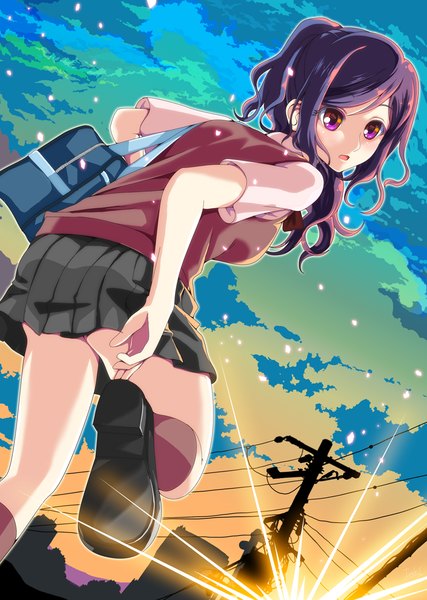 Anime picture 800x1123 with original ivuki single long hair tall image blush open mouth standing purple eyes looking away sky purple hair cloud (clouds) looking back sunlight turning head evening sunset girl uniform