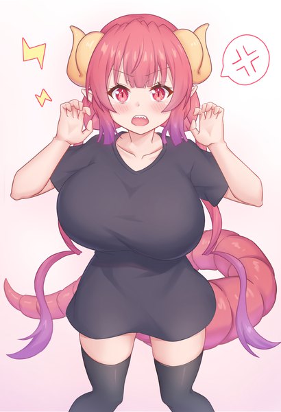 Anime picture 1400x2050 with kobayashi-san chi no maidragon kyoto animation ilulu (maidragon) yue zi single long hair tall image looking at viewer breasts open mouth light erotic simple background red eyes twintails red hair tail horn (horns) pointy ears teeth huge breasts
