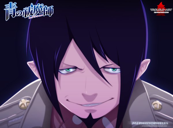 Anime picture 1200x891 with ao no exorcist a-1 pictures mephisto pheles silvercore94 single short hair simple background smile green eyes purple hair inscription coloring black background portrait close-up face boy beard