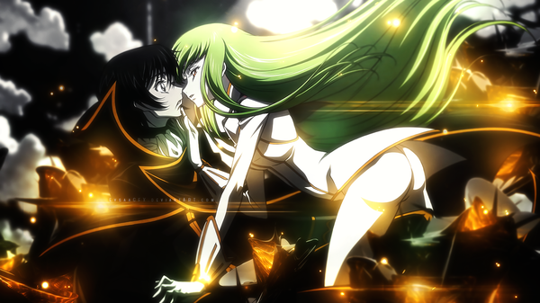 Anime picture 1920x1080 with code geass sunrise (studio) c.c. lelouch lamperouge eysaa long hair highres short hair black hair wide image signed ass parted lips profile green hair wind black eyes arm support orange eyes wallpaper
