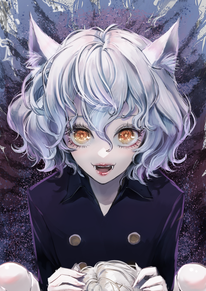 Anime picture 800x1131 with hunter x hunter neferupito misty cj single tall image looking at viewer fringe short hair open mouth hair between eyes animal ears yellow eyes silver hair :d cat ears fang (fangs) androgynous girl