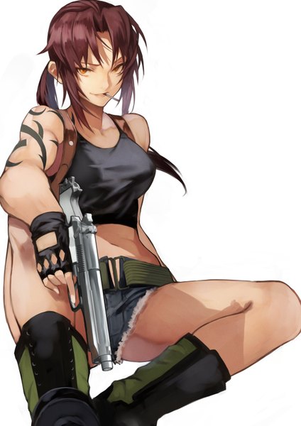 Anime picture 2315x3274 with black lagoon madhouse revy (black lagoon) yoshio (55level) single long hair tall image looking at viewer fringe highres breasts simple background smile hair between eyes brown hair white background sitting bare shoulders holding brown eyes