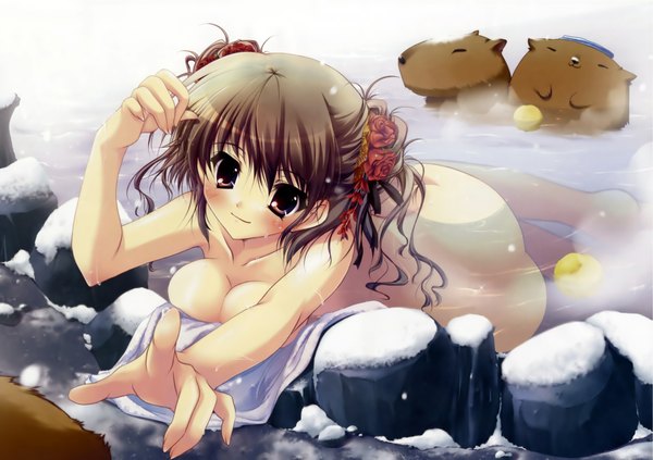 Anime picture 2000x1413 with blush highres short hair breasts light erotic brown hair brown eyes winter bath