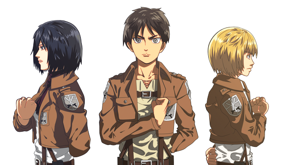 Anime picture 2000x1125 with shingeki no kyojin production i.g mikasa ackerman eren yaeger armin arlert xenocracy (artist) looking at viewer highres short hair black hair blonde hair wide image looking away profile multiple boys grey eyes transparent background girl boy jacket