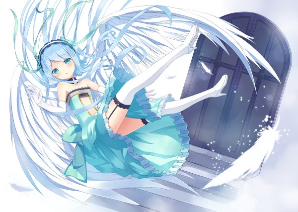 Anime picture 1200x853 with shuuichi (gothics) single long hair looking at viewer blush fringe blue eyes bare shoulders aqua hair angel wings angel girl dress gloves bow hair bow wings elbow gloves frills white gloves