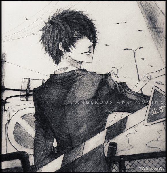 Anime picture 1800x1860 with katekyou hitman reborn hibari kyouya torinmo single tall image highres short hair black hair signed looking back wind from behind border monochrome drawing boy suit lantern traffic sign