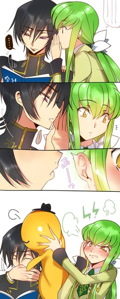 Anime picture 600x1493 with code geass sunrise (studio) c.c. lelouch lamperouge cheese-kun creayus long hair tall image blush fringe short hair black hair simple background hair between eyes white background purple eyes holding yellow eyes eyes closed long sleeves