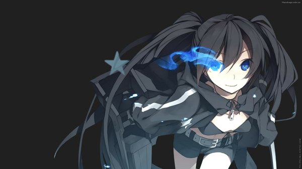 Anime picture 2048x1152 with black rock shooter black rock shooter (character) single long hair highres blue eyes black hair wide image twintails glowing black background glowing eye (eyes) girl weapon shorts bikini top