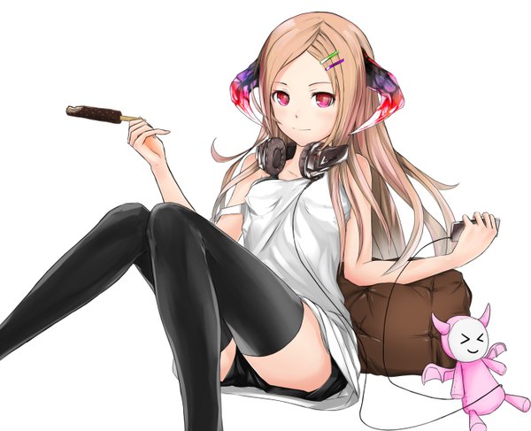 Anime picture 1408x1145 with original lucifer301 long hair looking at viewer simple background smile brown hair white background bare shoulders holding pink eyes horn (horns) demon wings demon headphones around neck girl thighhighs black thighhighs wings food