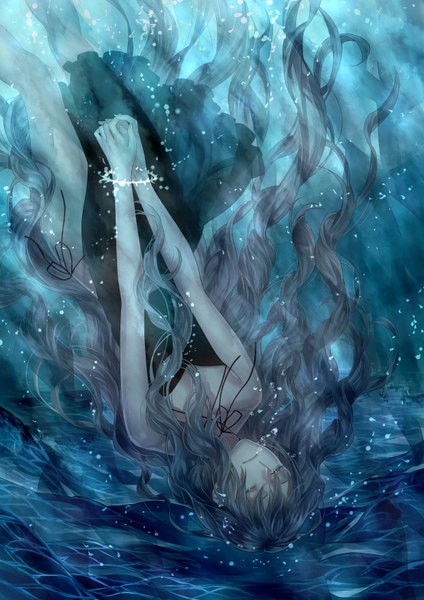 Anime picture 2480x3508 with original tayuya1130 single long hair tall image fringe highres bare shoulders blue hair eyes closed very long hair light wavy hair underwater hands clasped upside down girl dress water black dress