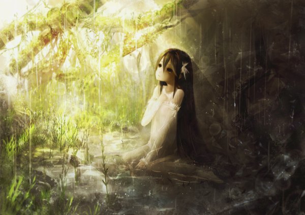 Anime picture 1200x848 with original ajigo single long hair fringe sitting sunlight looking up rain girl hair ornament plant (plants) detached sleeves water