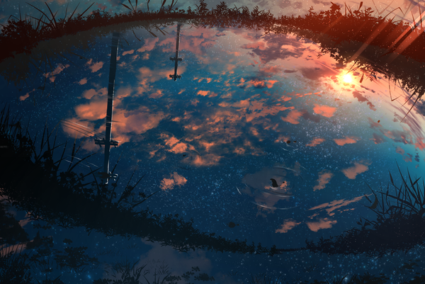Anime picture 2987x1995 with original abisswalker8 highres sky cloud (clouds) outdoors sunlight evening reflection sunset no people scenic ripples water leaf (leaves) star (stars) sun power lines pole telephone pole